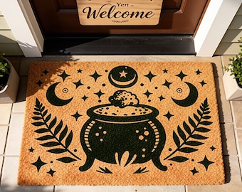 Witchy Cauldron Doormat,Celestial Moon And Stars Welcome Mat,Magic Potion Porch Mat,Gothic Kitchen Witch Decor,Coir Entry Mat,Art Gift