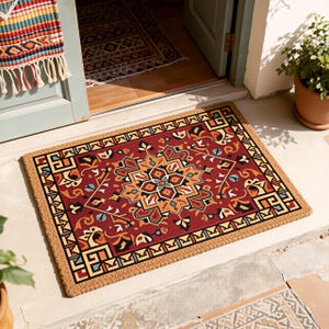 Paillasson ethnique boho,Paillasson de bienvenue style persan,Paillasson à fleurs aztèque, Déco d'entrée bohème rouge,Cadeau de crémaillère
