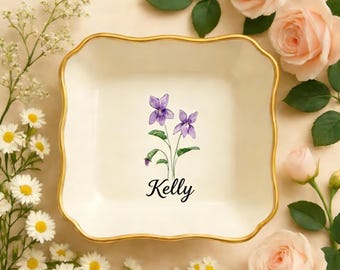 Personalised Birth Flower Trinket Dish/ Custom Watercolor Flower Ring Dish/ Christmas Gifts/ Wedding Bridesmaid Gift/ Birthday Jewelry Dish