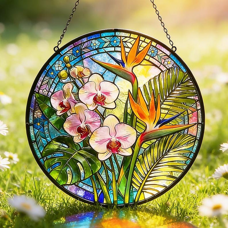 Tropical Orchid & Bird of Paradise Stained Glass Suncatcher,floral ...
