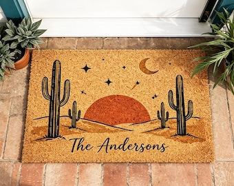 Custom Desert Cactus Sunset Doormat,Personalized Family Name Southwestern Coir Mat,Saguaro Moon Star Front Door Mat,Western Home Decor