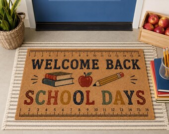 Welcome Back School Days Doormat,Teacher Welcome Mat,Classroom Entryway Gift,Apple Pencil Mat,Book Themed Mat