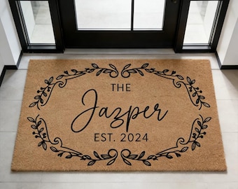 Personalized Last Name Doormat - Rustic Farmhouse Decor - Custom Entryway Rug - Family Established  Front Door Mat - Minimalist Porch Decor
