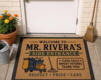 Personalized Teacher Side Entrance Doormat,Janitor Cart Welcome Mat,School Entryway Porch Decor,Custodian Gift,Cleaning Cart Mat