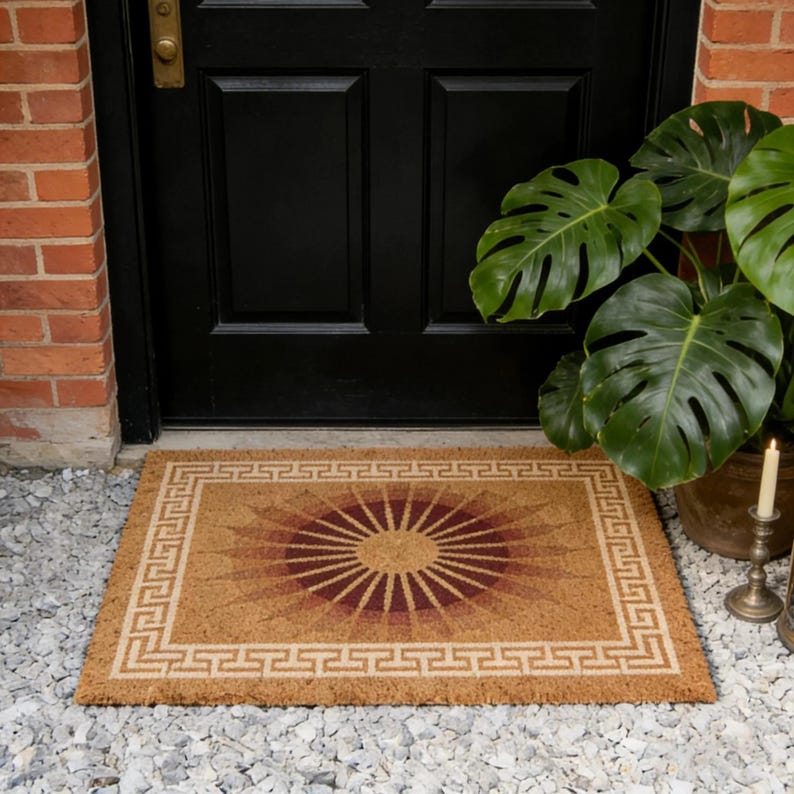 May include: A rectangular doormat with a geometric sunburst design in shades of brown and burgundy. The mat has a Greek key border and is made of natural fibers. Placed in front of a black door, it adds a welcoming touch to any entryway.