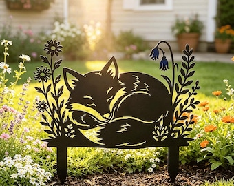 Sleeping Fox Metal Garden Stake,Fox Garden Yard Sign,Woodland Outdoor Metal Art,Floral Fox Garden Decor,Fox Lover Gift