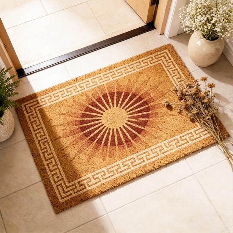 May include: Rectangular doormat with a sunburst design in shades of brown and tan. The center features a dark red circle with radiating lines, surrounded by a lighter brown gradient. A Greek key border frames the design, adding a touch of classic style.