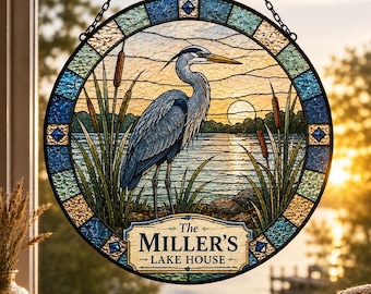 Personalized Lake House Suncatcher,Custom Heron Stained Glass Window Hanging,Blue Heron Decor,Cottage Name Sign,Housewarming Lake Gift