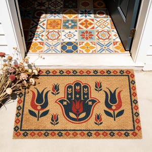Bohemian Hamsa Hand Doormat,Spiritual Mat,Vintage Floral Floor Mat,Porch Mat,Boho Tribal Welcome Mat, Boho Entryway,Geometric Pattern Mat