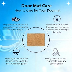 May include: An informational graphic titled "Door Mat Care" on a blue background. It provides care instructions for doormats, including keeping them dry, avoiding water saturation, protecting from the elements, and cleaning with shaking or vacuuming.