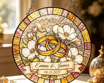 Custom First Anniversary Golden Rings Suncatcher,Personalized Window Hanging,Romantic Garden Gift,Window Decor
