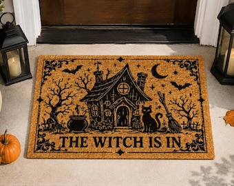 The Witch Is In Doormat,Halloween Witch Welcome Mat,Spooky Black Cat Door Mat,Gothic Front Porch Decor,Witchy Housewarming Gift