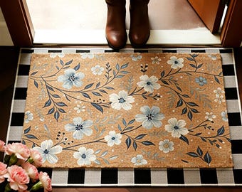 May include: A rectangular coir doormat featuring a light brown natural fiber base with a printed pattern of light blue and white flowers, dark blue leaves, and thin stems, layered over a black and white checkered rectangular floor mat.