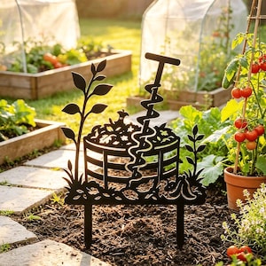 May include: A black metal garden stake featuring a silhouette design of a compost bin, a garden auger tool, and surrounding plant foliage. The decorative piece is designed to be inserted into the soil to mark a garden area or compost site.
