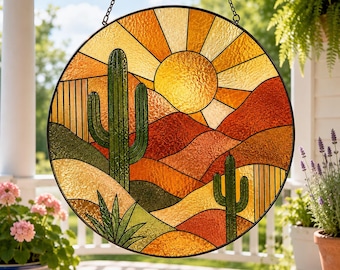 Desert Cactus Suncatcher,Southwestern Sunset Window Hanging,Stained Glass Style Sun Catcher,Boho Desert Decor,Cactus Lover Gift