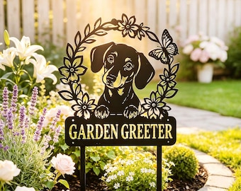 Garden Greeter Dog Metal Stake,Dachshund Garden Yard Sign,Floral Puppy Outdoor Decor,Dog Lover Flower Bed Art,Pet Lover Gift