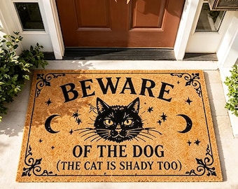 Funny Black Cat Doormat,Beware Of The Dog Shady Cat Welcome Mat,Witchy Celestial Pet Mat,Spooky Halloween Decor,Cat Lover Humor Gift
