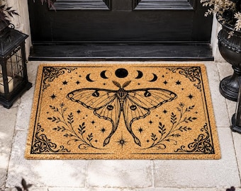Gothic Luna Moth Doormat,Celestial Moon Phase Welcome Mat,Witchy Cottagecore Door Mat,Mystic Whimsical Porch Mat,Dark Decor Gift