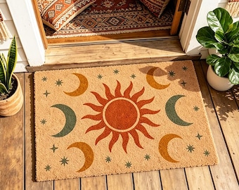 Boho Sun and Moon Doormat,Celestial Welcome Mat,Earth Tone Bohemian Starry Porch Decor,Hippie Stars Porch Decor,Aesthetic Housewarming Gift