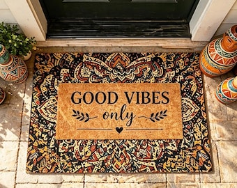 Good Vibes Only Doormat, Boho Mandala Welcome Mat,Hippie Soul Front Door Decor,Tribal Pattern,Housewarming Gift,Positive Quote Coir Mat