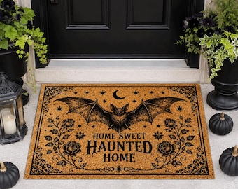 Haunted Home Doormat,Bat Halloween Door Mat,Gothic Porch Mat,Witchy Floral Entryway Decor,Spooky Housewarming Gift