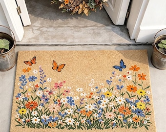 Felpudo de mariposa y flores silvestres, felpudo floral de bienvenida, decoración de primavera para el porche, felpudo de fibra de coco para exteriores, regalo de inauguración de casa de verano, felpudo de flores de pradera