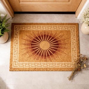 Griekse Sleutel Zonburst Kokos Deurmat,Hemels Welkomstmat,Huiswarmte Cadeau,Duurzame Natuurlijke Vezel Buiten Toegangsmat