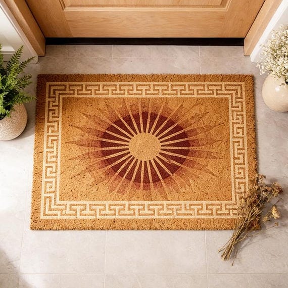 Greek Key Sunburst Coir Doormat,Celestial Welcome Mat,Boho Front Porch Decor,Housewarming Gift, Durable Natural Fiber Outdoor Entry Mat