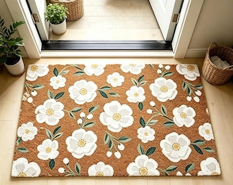 White Floral Welcome Mat,Vintage Flower Doormat,Cottagecore Flower Entryway Mat,Spring Garden Porch Decor,Boho Housewar Ming Gift
