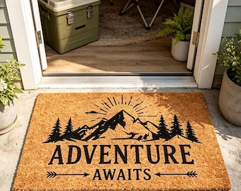 Adventure Awaits Doormat,Mountain Scene Welcome Mat,Outdoor Lover Gift,Rustic Cabin Decor,Camping Entry Mat,Nature Lover Home Decor