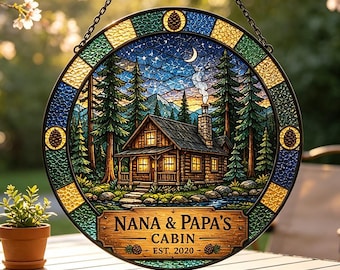 Custom Grandparents Cabin Suncatcher,Pine Tree Window Hanging,Personalized Family Cabin Gift,Colorful Window Decor Gift,Grandparents Gift