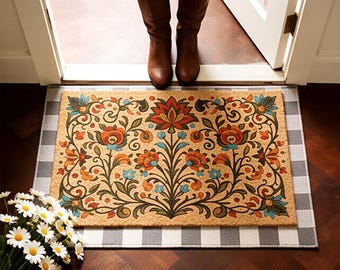 Boho Floral Doormat,Folk Art Welcome Mat,Outdoor Spring Mat,Bohemian Front Door Decor,Housewarming Gift,Colorful Entryway Coir Mat