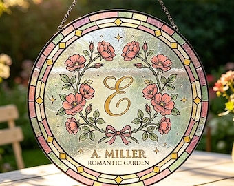 Personalized Name Rose Suncatcher Stained Glass Window Hanging,Custom Monogram Flower Art,Romantic Garden Decor,Mother's Day Birthday Gift