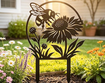 Bumblebee Flower Garden Stake,Circular Metal Yard Art,Wildflower Lawn Decor,Pollinator Garden Gift,Bee Lover Decor
