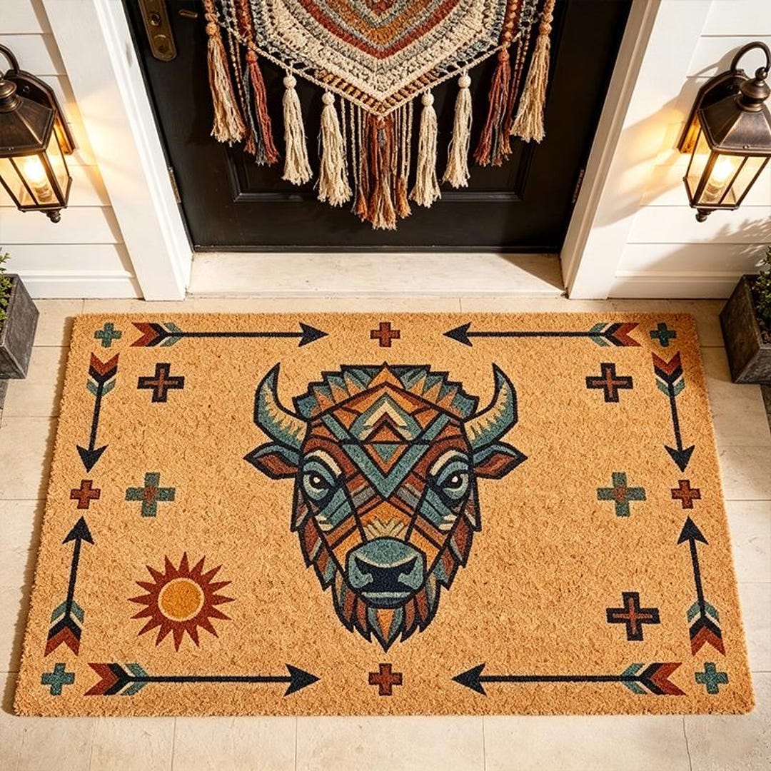 Southwestern Bison Coir Doormat,american Style Mat,western Aztec Front ...