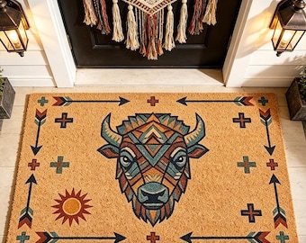 Southwestern Bison Coir Doormat,American Style Mat,Western Aztec Front Door Mat,Boho Entryway,Southwestern Tribal Welcome Mat