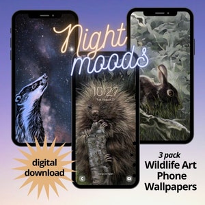 Pacchetto di tre sfondi per telefono con animali selvatici, download digitale istantaneo, raffiguranti un coniglio, un istrice e un tasso di notte