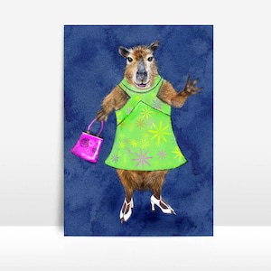 Capybara Grußkarte, Grußkarte mit niedlichem Capybara Charakter, witziges Mode Symbol Capybara Kunstwerk, 60's fashion
