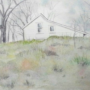 farm house on hill original watercolor painting, white house artwork, watercolor home portrait