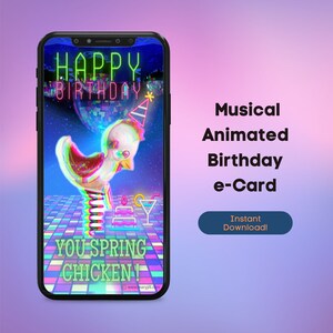 Carte électronique d'anniversaire animée de poulet de printemps, carte d'anniversaire à thème disco électronique numérique sans papier et écologique pour téléphone portable