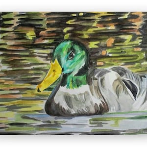Wilde eend originele aquarel schilderij van kunstenaar Mary Jill Lemieur, drijvende wilde eend met waterreflecties kunstwerk, te koop