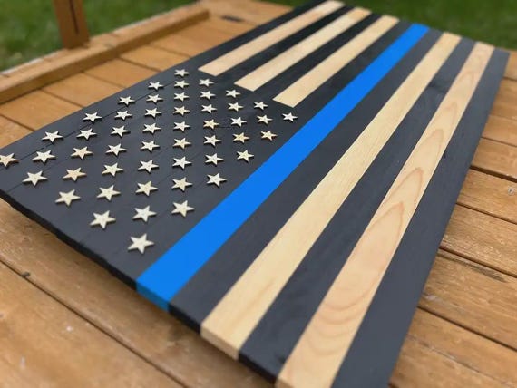 Handcrafted Blue Line Wooden American Flag Patriotic Wood Flag Art USA Pride Display Stars and Stripes Distressed Farmhouse Police