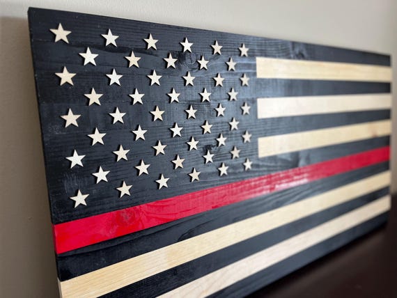 Thin Red Line Wooden American Flag: Firefighter Gift, Rustic Wall Art