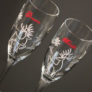 Custom Reindeer Wedding Toasting Flutes, Champagne Glasses, Snowflake Personalized Christmas Winter Bride Groom Cranberry Red Silver White