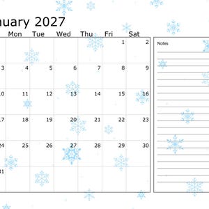 Puede incluir: Calendario blanco para enero de 2027, con diseño de cuadrícula y sección de notas. Copos de nieve azul claro dispersos por la página. Los días de la semana están en la parte superior.