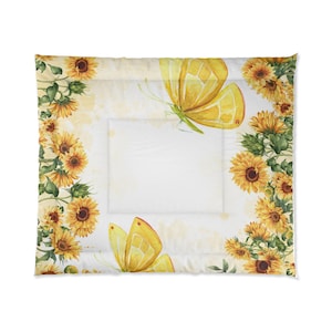 Dekbed met zonnebloem en vlinder, beddengoed met felle bloemen, gezellig huisdecor, lente/paasdecor, op de natuur geïnspireerde quilt