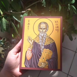 Ícone bizantino pintado à mão de São Charalambos, 12×16 cm, têmpera de ovo sobre madeira, feito sob encomenda