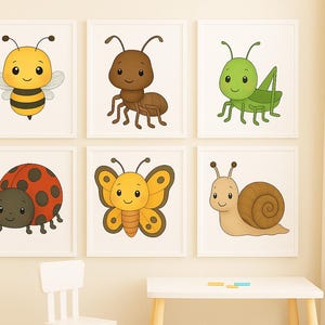 Set of 6 Insect Nursery Prints – Cute Bug Wall Art for Kids Room | Bumblebee, Ladybird, Snail, Ant, Butterfly & Grasshopper Decor | Unframed