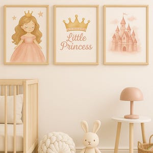 Little Princess Nursery Wall Art Set - Pink Princess, Castle & Crown Printable Decor | Girls Room Digital Download | Baby Shower Gift