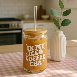 In My Iced Coffee Era Glass Tumbler | 16oz Aesthetic Cup | White Funky Font | Bamboo Lid & Straw | Iced Coffee Cup Gift